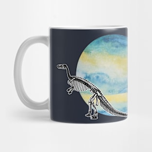 Dinosaur Skeleton in Space Blue Yellow Planet Mug